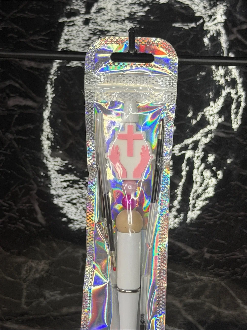 Pink Cross Focal Bead Pen  Black and blue ink